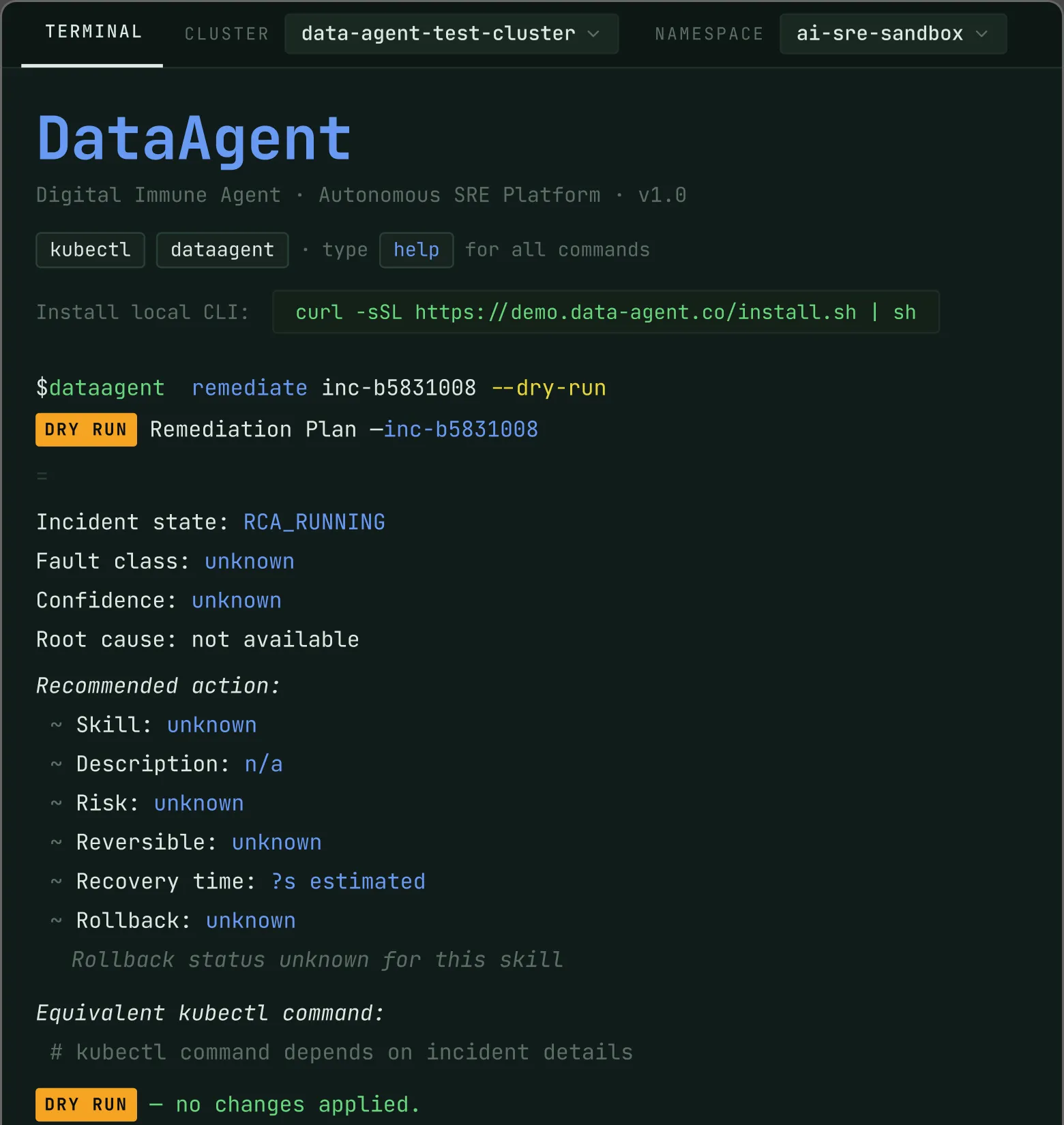 DataAgent CLI running a remediation plan in dry-run mode